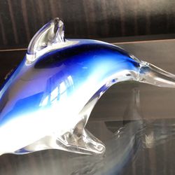 Cobalt Blue and White Glass Dolphin Paperweight