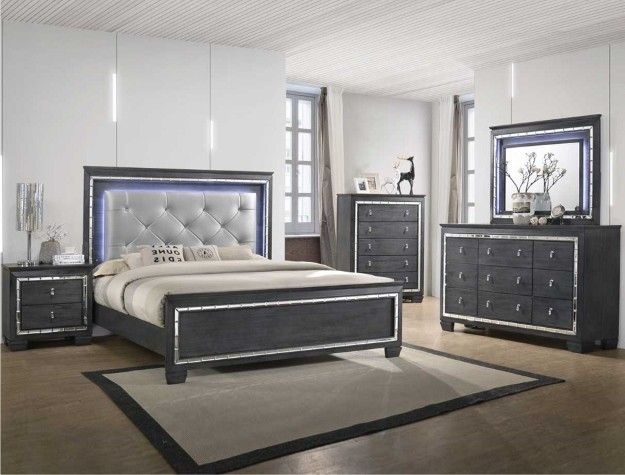 Brand new ash gray LED queen bed frame + dresser + mirror + nightstand