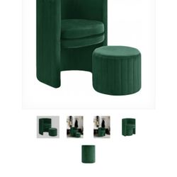 Green Velvet Round Arm Chair With Ottoman