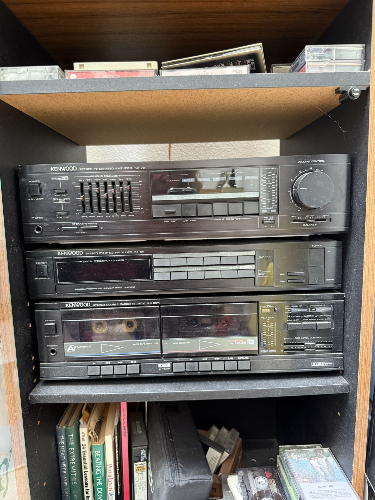 DISCOUNTED Kenwood KA-87, KX-57W, and KT-57 stereo system, which consists of an integrated amplifier, a double cassette deck, and an AM/FM tuner.
