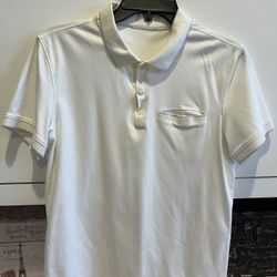 Calvin Klein Men’s Polo Shirt – White with Gray Trim on Outer Collar – Size M