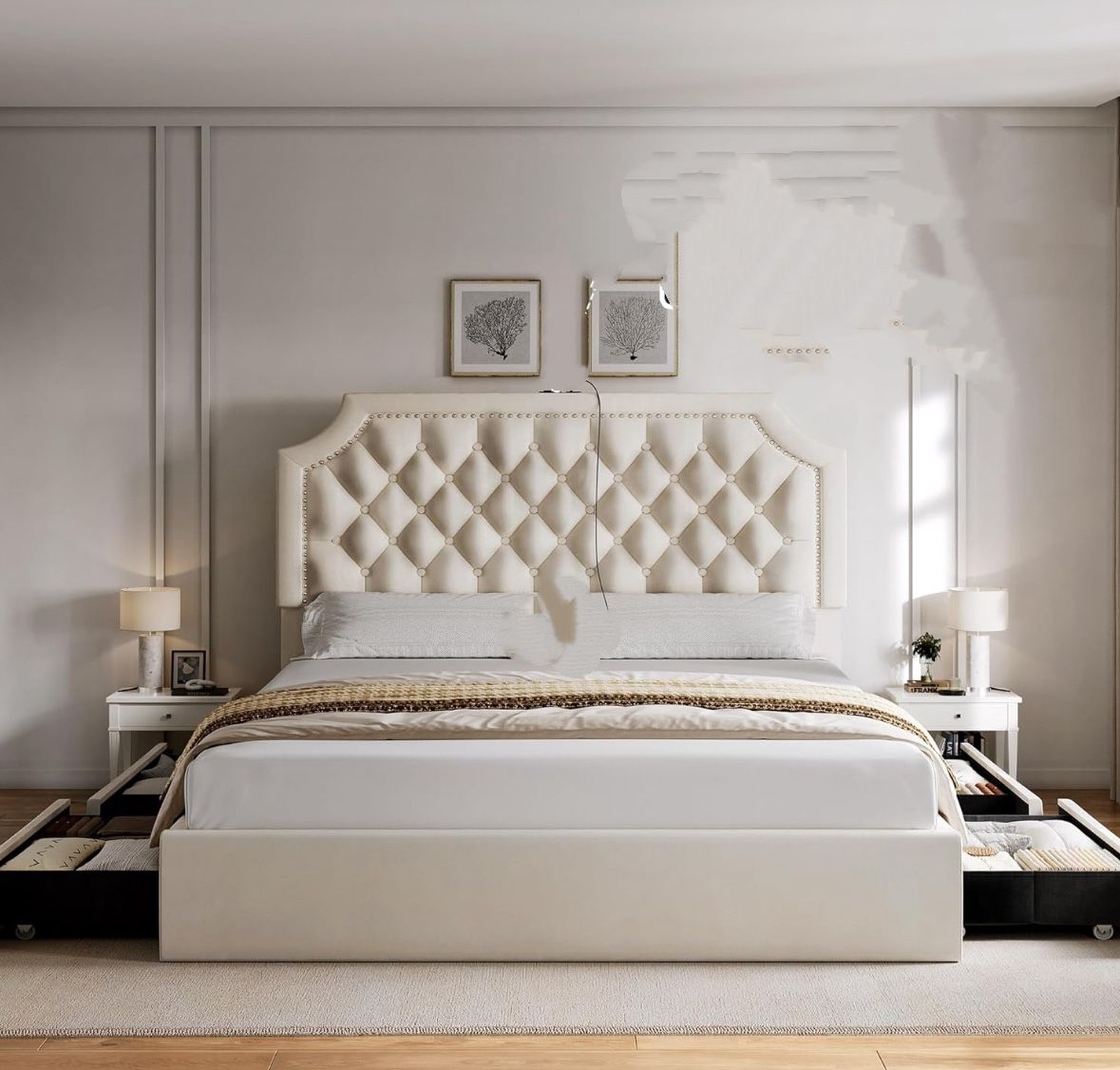 Full Size White Bed Frame with Adjustable Headboard, 4 Storage Drawers, Velvet Upholstered Bed Frame with Button Tufted