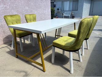 Upscale Modern 6-Piece Dining Set – White Extendable Table + 4 Olive Velvet Chairs | Gold Frame