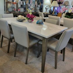White Marble Top Dining Table Grayish brown 6 Chairs
