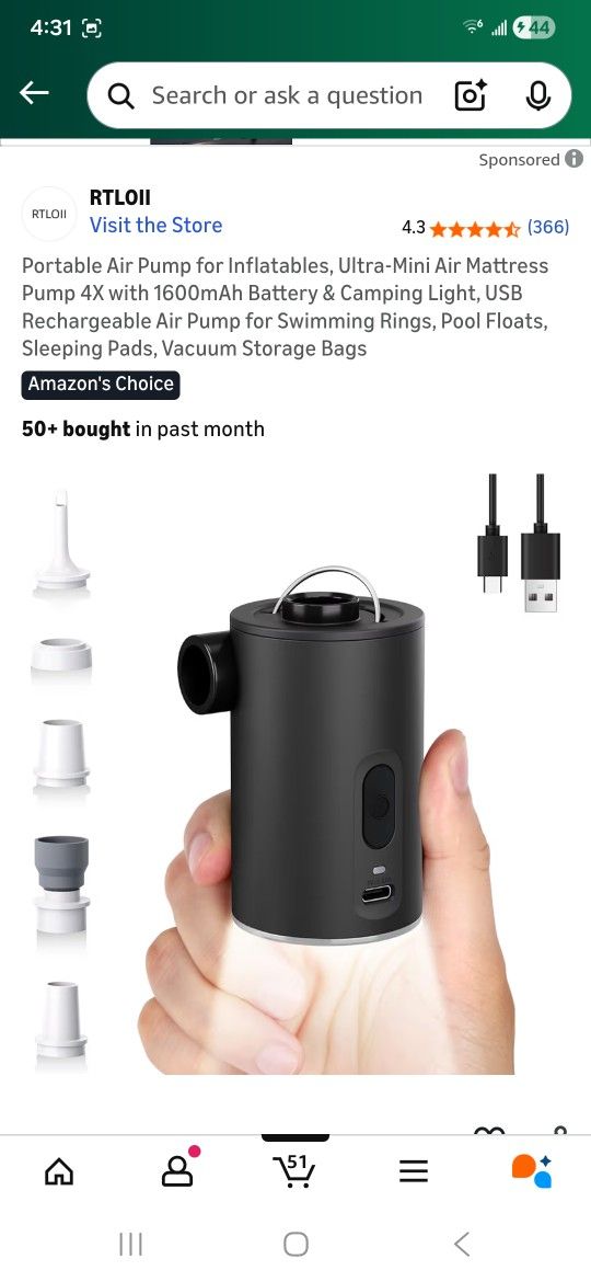 Portable Air Pump for Inflatables, Ultra-Mini Air Mattress Pump 4X with 1600mAh Battery & Camping Light, USB Rechargeable Air Pump for Swimming Rings,