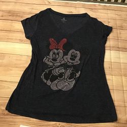 Disney Mickey & Minnie Mouse Black V-neck Bling Sparkle Large 