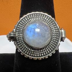 Rainbow Moon Stone Poison Box Ring 925 Sterling Silver Size10 Southwestern