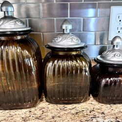 3 Vtg Amber Pewter Apothecary Canister Jars Artland