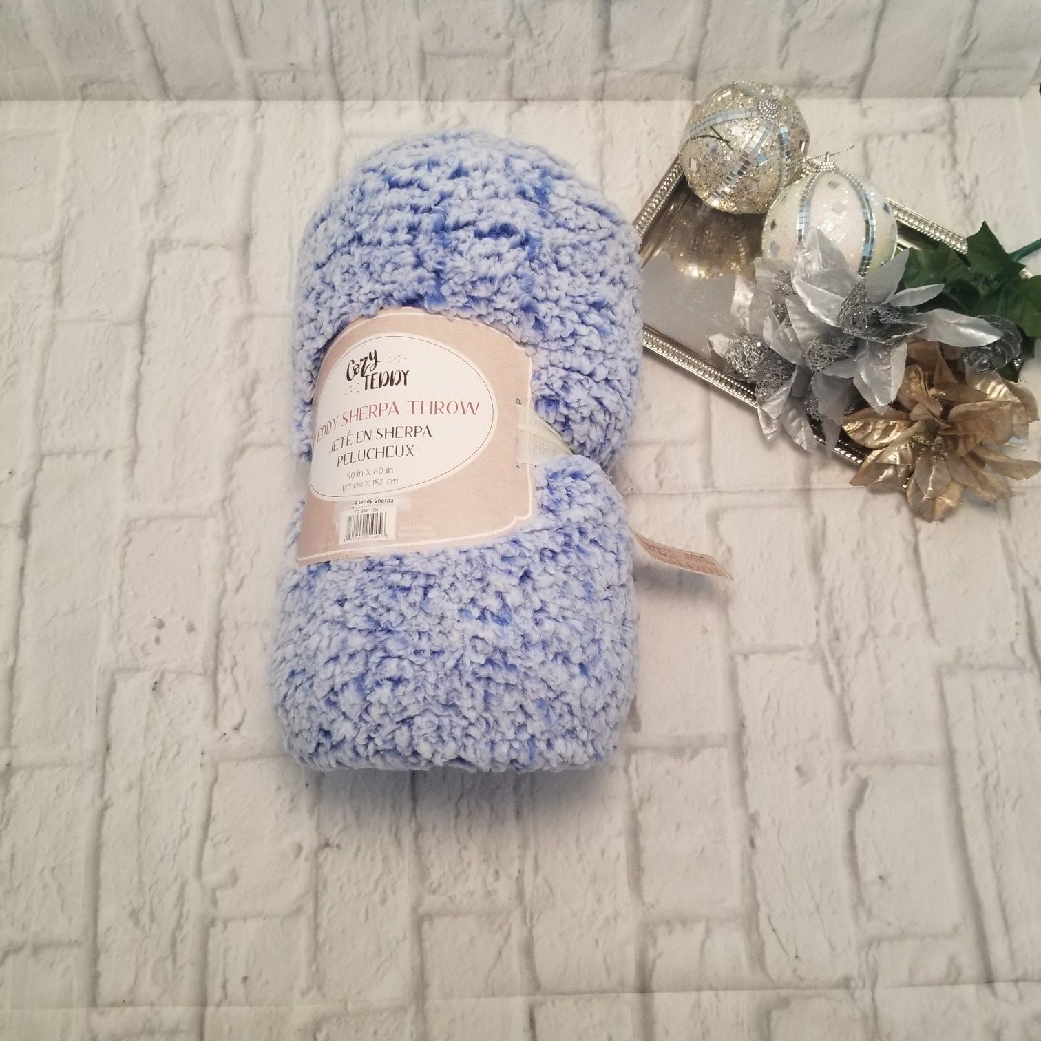 Cozy Teddy Throw Sherpa Blue White Blanket