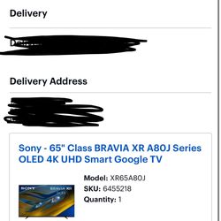 Sony 65” OLED 4k Tv Bravia XR65A80J Dolby Vision IMAX 