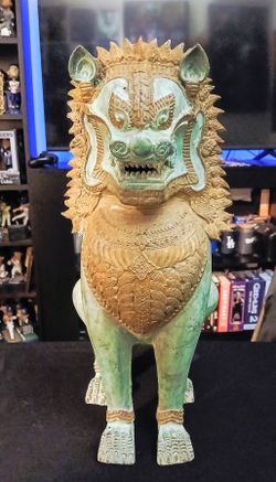 Thai Singha Temple Guardian Lion Foo Dog Bronze Statue Sculpture