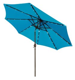 9 ft Solar Umbrella, 32 LED Lighted Patio Umbrella, Table Market Umbrella, Outdoor Umbrella for Garden, Deck, Backyard, Pool and Beach (Light Blue)
