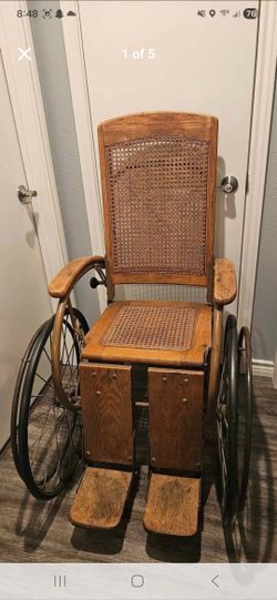 Antique Wooden & Wicker Rattan Wheelchair