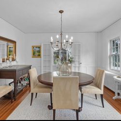 Crate and barrel round walnut, wood dining table, mint condition