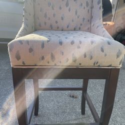 2 Custom ballard design bar stools. Velvet, pattern linen and dark wood. (Standard bar stool height, not counter).