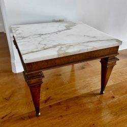 Vintage Sculptural Weiman Marble Top Wood end/side Table  Vintage high end Weiman marble top end or side table. Feature wonderful MCM carved wood base