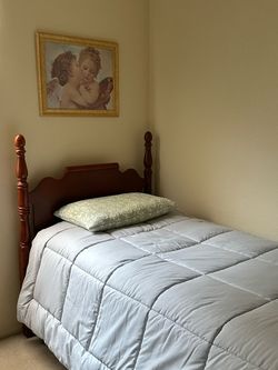 Twin wood bed frame and dresser.