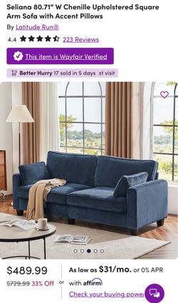 Seliana 80.71" W Chenille Upholstered Square Arm Sofa with Accent Pillows