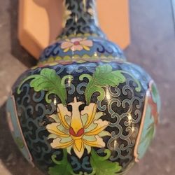 Antique CLOISONNE Vase 7" Handpainted,  Brass, Excellent Condition 