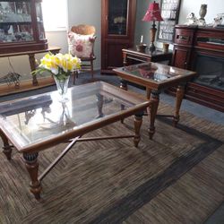 Coffee Table And End Table, Real Wood And Glass Top, Mint Condition.