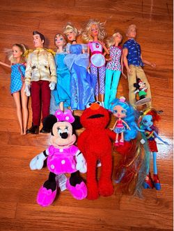 Mixed Doll & Plush Toy Lot – Barbie, Disney, Elmo, Minnie, Ken, Frozen, Rainbow