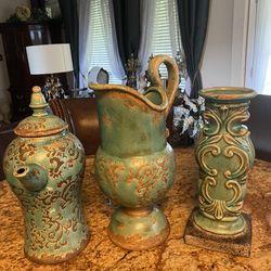 Beautiful Large Ceramic Pitchers and Candle Holder 