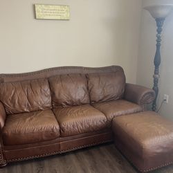 Leather Couch W/ Ottoman + Floor Lamp