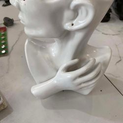 Elegant Woman's Head & Hand Flower Vase Matte White Ceramic 9.25"x 8" FLAT BACK