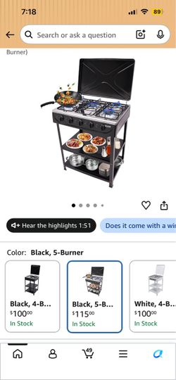 Gas Stove 5 Burner, Portable Natural Gas Stove Outdoor Camping BBQ Stove Gas Cooker with 2 Tier Storage Rack, for RV, Apartment, Outdoor Cooking (Blac