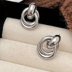 Elegant Silver Double Hoop Earrings for Women – Minimalist Alloy Stud Earrings with Polished Finish | Modern Chunky Knot Design