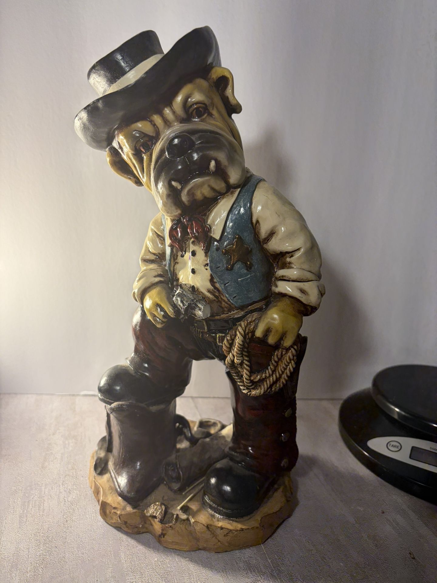Home Bar Art Vintage English Cowboy Statue bull Dog with gun rope boots hat.