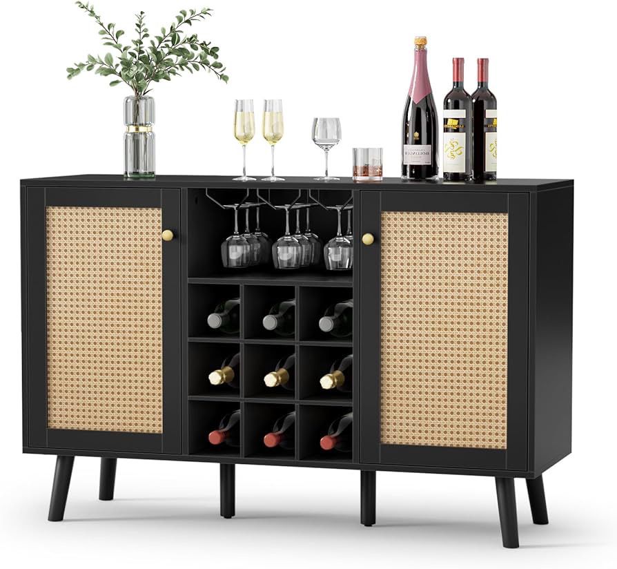 Farmhouse Coffee Bar Cabinet with Storage, 47.2" Liquor Cabinet with 2 Door, Wine and Glass Rack, Storage Shelves, Buffet Cabinet Bar Cupboard for Kit