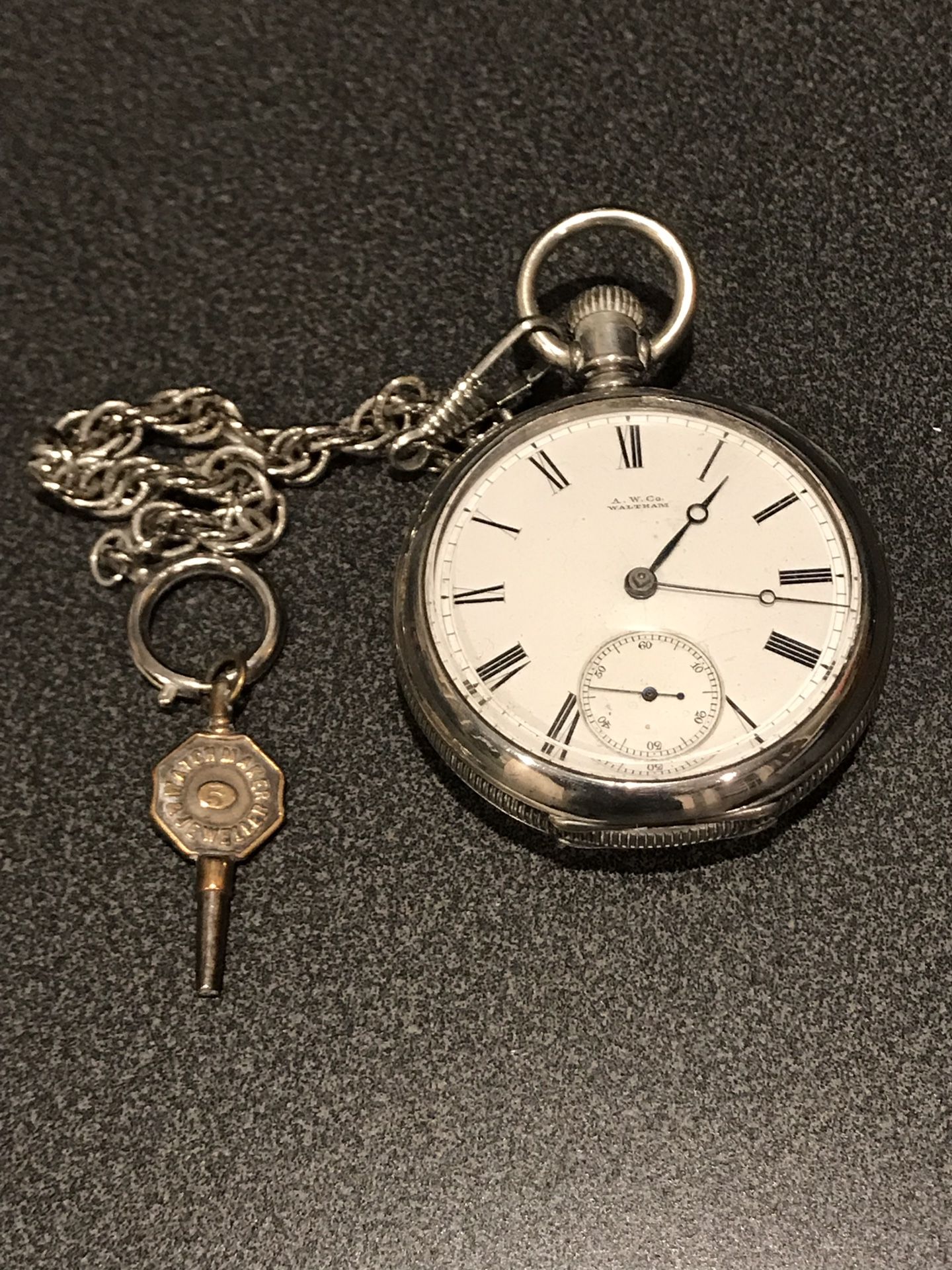 Antique Waltham Coin Silver Pocket Watch with Key and Chain