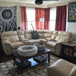 Man Wah 2015 Model Beige Leather Reclining Sectional Couch