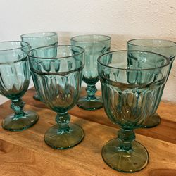 Set Of 6 Teal Glasses.  Water Goblet, Wine Glasses