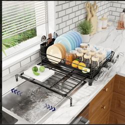Black dish drying rack with adjustable height and removable tray #kitchen #dishdrainer ( 21.7 × 17.0 × 6.0 in ) package: 5.91lb