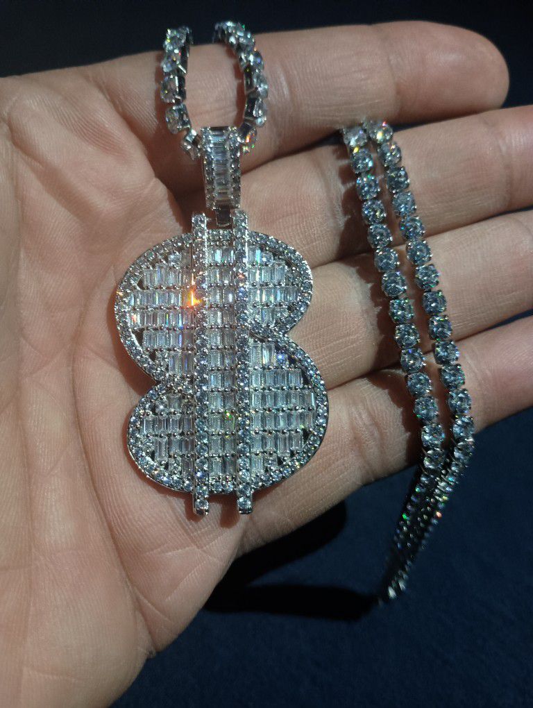 New Icy Baguette Dolla Sign Pendant and Necklace Set!!!!