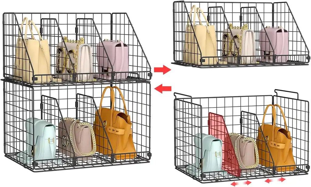 Stackable Purse Organizer for Closet - Adjustable Dividers, Wire Bag Basket, Closet Shelf Wardrobe