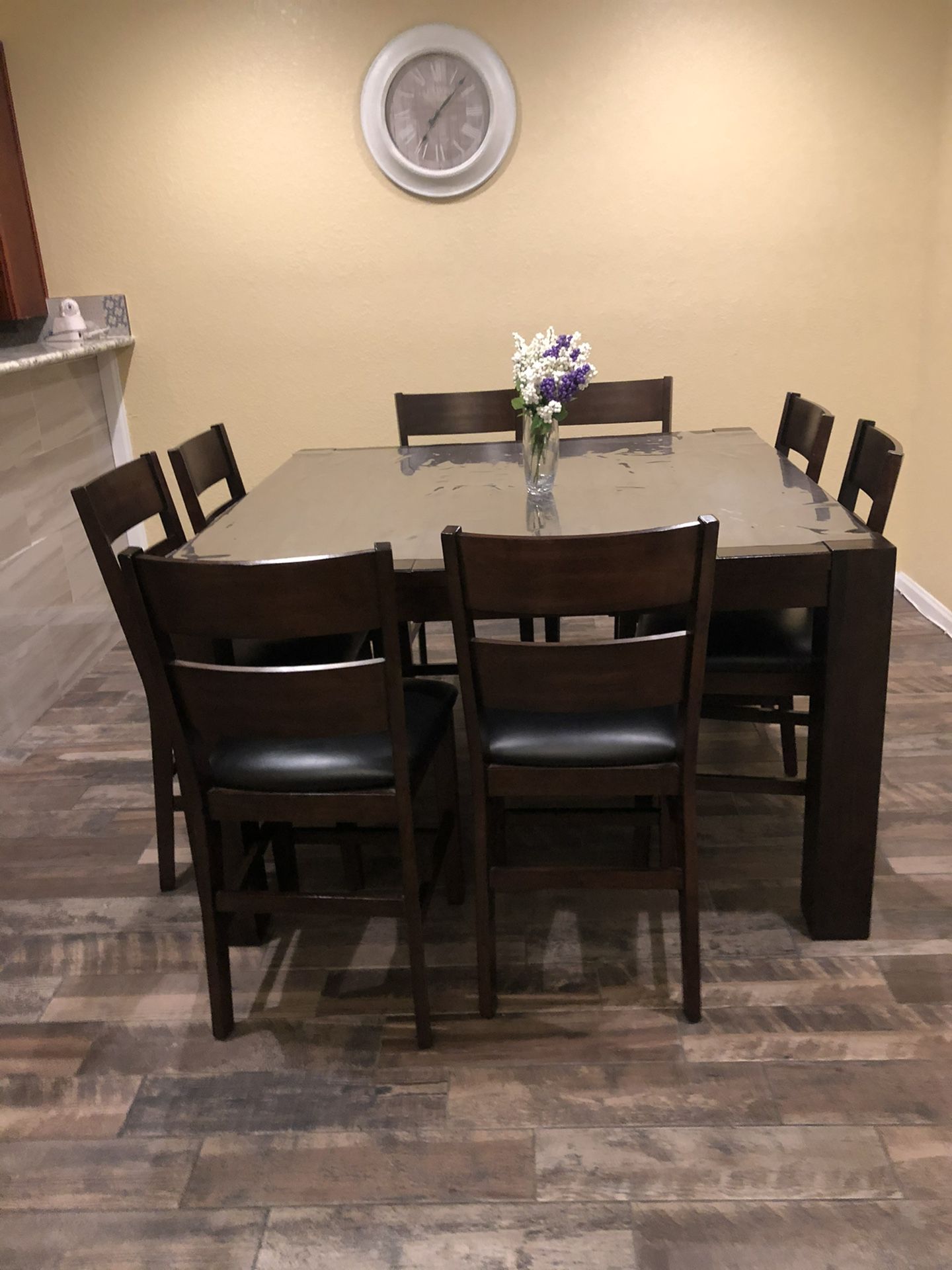 Dining table and 8 chairs , Soiled Wood ,You can take out a part to become a rectangle