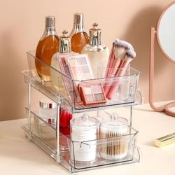 2 Tier Clear Organizer with Dividers for Cabinet, Shlef, Counter - MultiUse Slide-Out Storage Container - Kitchen, Pantry, Medicine Cupboard Bins
