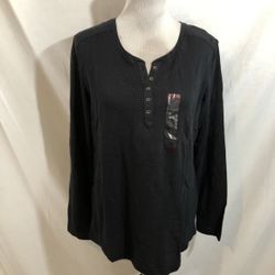  Northcrest Black Long Sleeve Henley - Womens L, NWT, Bust 21”