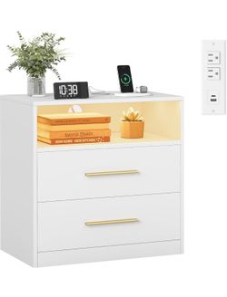 Nightstands, LED Lights, Charging Station, 2 Drawers Bedside Table, End Table for Bedroom, 23.6 x 13.8 x 24.1 inch, Cloud White, CUSTOS Collection ULE