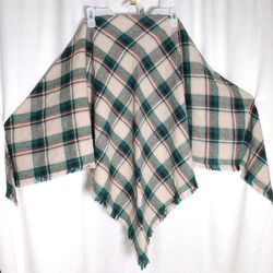 Boho Striped Plaid Women’s Cape Shawl Mohair Wool Tassels Green Tan Triangle