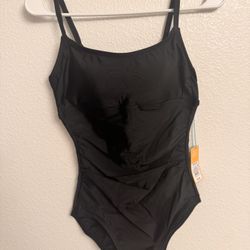 Size Medium Women's Black One Piece Swimsuit Tank Style Adjustable Spaghetti Straps Nylon