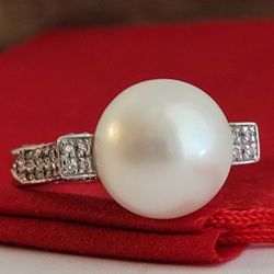 ❤️18k Size 8 Solid White Gold 12mm Fresh Water Pearl Ring with Swarovski crystals, AMAZING!/ 👌🎁Post Tags: Anillos de oro de 14k and 18k 