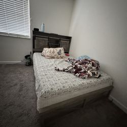 Full Size Storage Bed Frame – Gray Wood w/ Charging Station & LED Lights