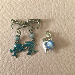 Clip On Dolphin Earrings And Dolphin Pendant
