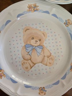 Vintage Tienshan "Country Bear" Blue Teddy Bear Dinnerware Set for 4