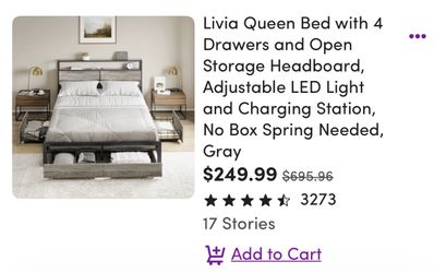 new livia queen sized bed with 4 drawers and open storage headboard with rgb lightning + charging station