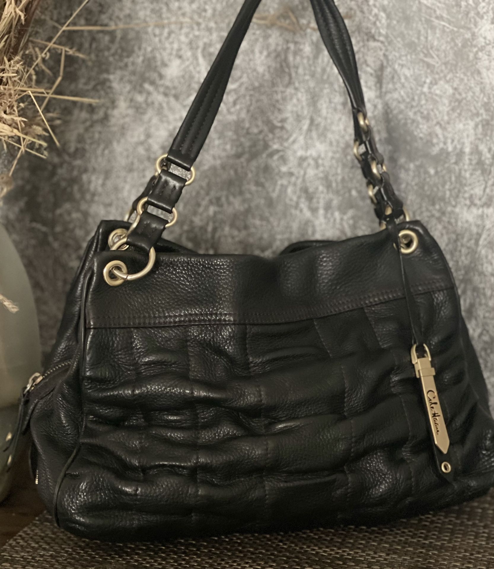 COLE HAAN Bailey II Black Pebbled Ruched Leather Shoulder/Satchel Bag